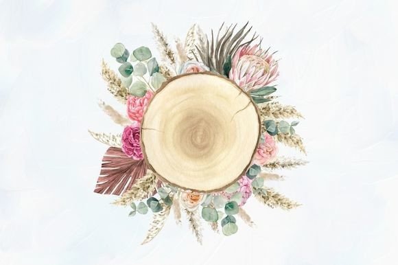 Boho Floral Wooden Slice Wedding Clipart: Design & Uses